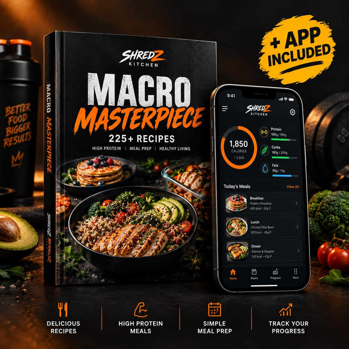 Shredz Kitchen Macro Masterpiece Bundle - 225+ High Protein Recipes Cookbook and Macro Tracking App for Fat Loss and Muscle Gain